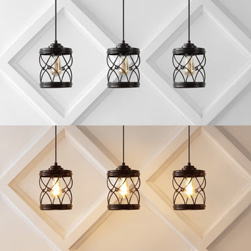Marelle 6.5" Farmhouse Industrial Iron Filigree Caged Jar LED Pendant - JONATHAN Y